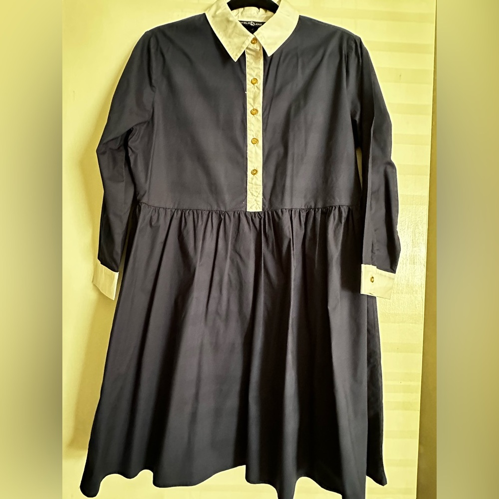 Duffield Lane Navy Blue Dress with white & gold accents